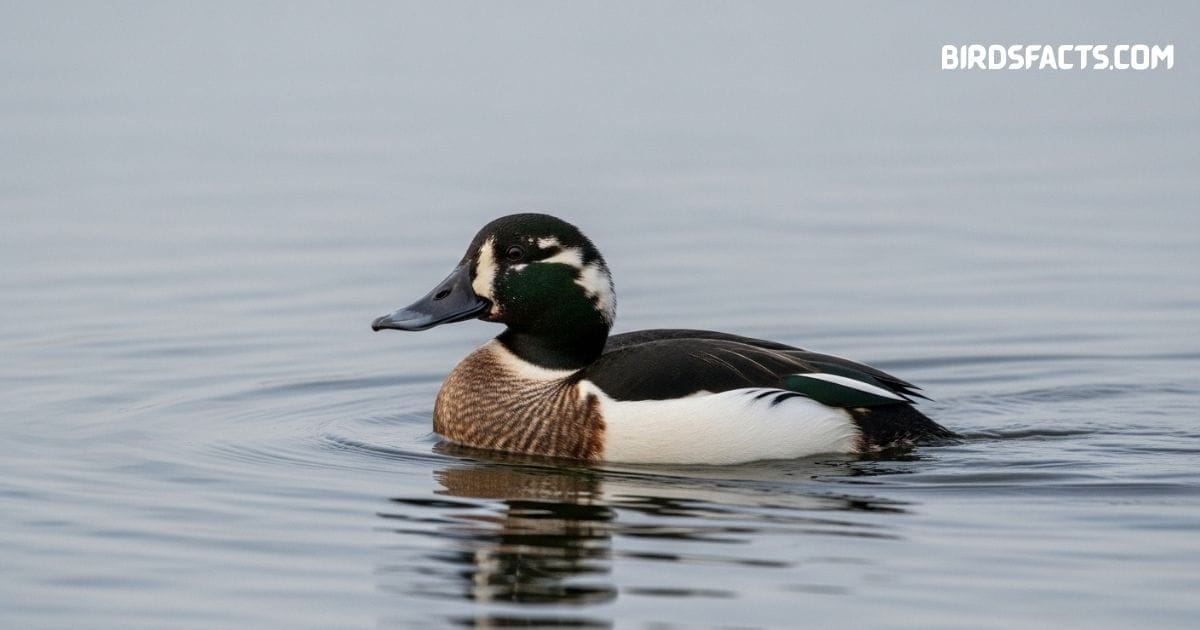 Bufflehead duck with white patch on head and black-and-white plumage swimming on a lake