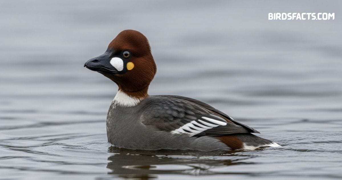 Common Goldeneye duck with black-and-white plumage and golden eyes swimming on a lake