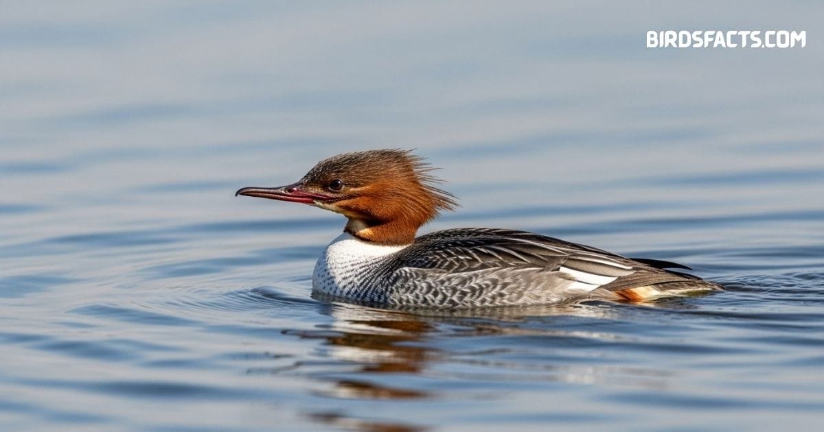 Common Merganser duck with long slender bill and black-and-white plumage swimming on a river