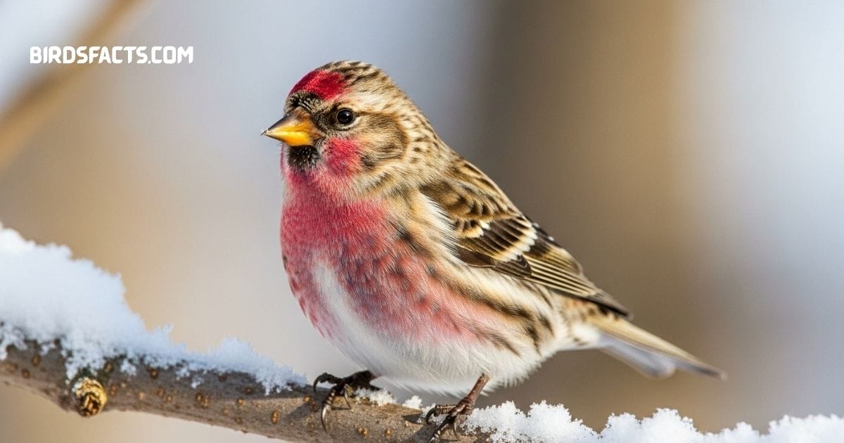 Common Redpoll Bird (Acanthis Flammea), A Small Finch With A Red Crown And Streaked Plumage Often Seen In Flocks During Winter In Northern Regions.