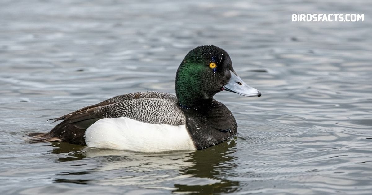 Greater Scaup duck with rounded head and black-and-white plumage swimming on a lake
