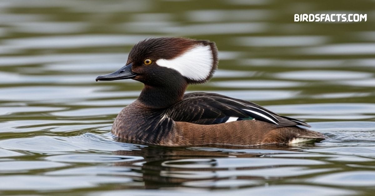 Hooded Merganser duck with striking black-and-white crest swimming on a pond