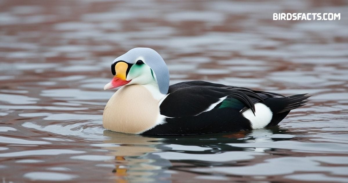 King Eider duck with colorful head and patterned plumage swimming in Arctic waters