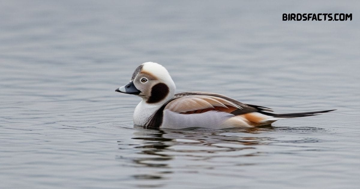 Long-tailed Duck with striking plumage and long tail feathers swimming on the sea