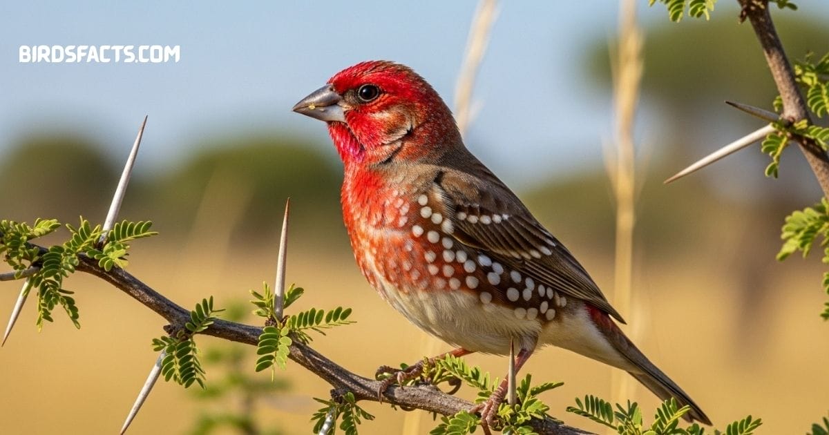 Red-headed Finch bird (Amadina erythrocephala), a small African finch with a striking red head and gray-streaked body, often found in savannas and grasslands.”