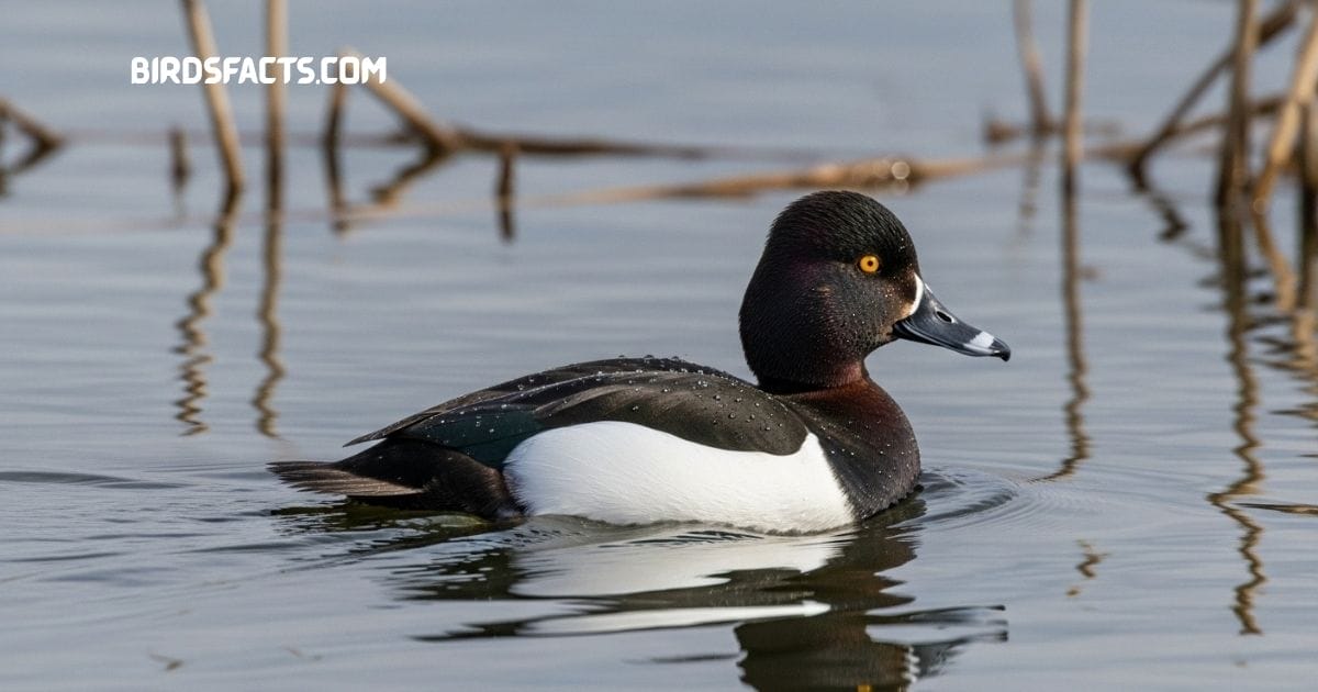 Ring-necked Duck with black back, gray sides, and golden eyes swimming on a lake