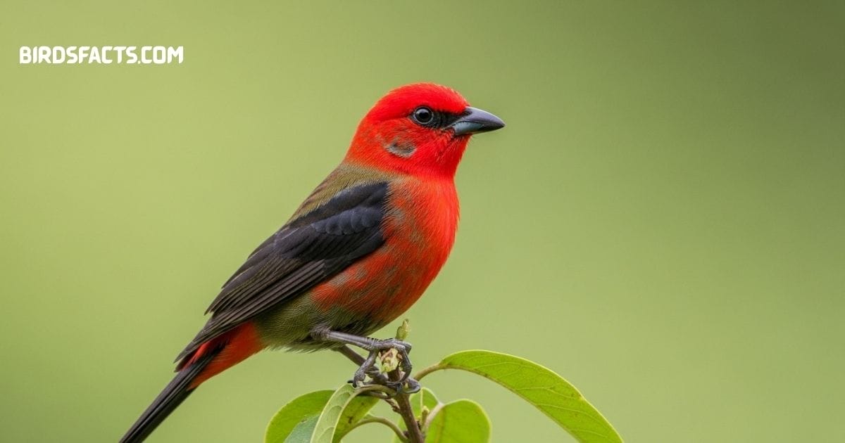 Scarlet Tanager Bird (Piranga Olivacea) A Striking Red And Black Songbird Native To North America Often Found In Deciduous Forests During Summer.