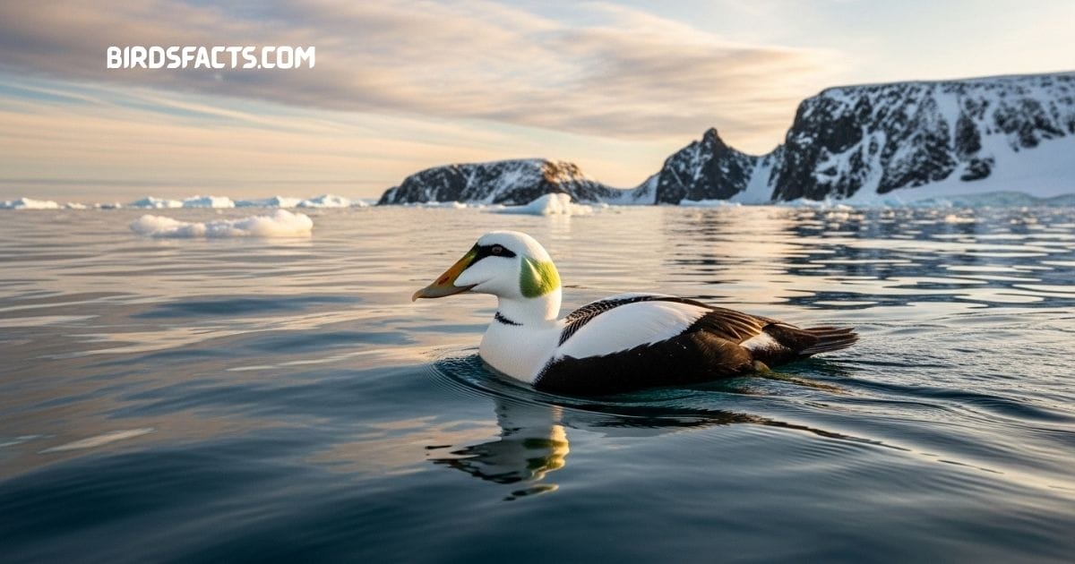 Spectacled Eider duck with white face patches around eyes swimming on Arctic water