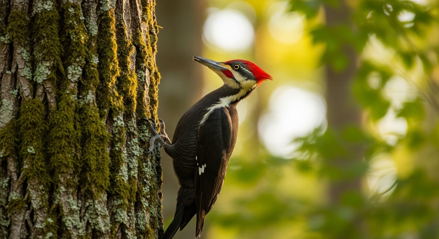 Pileated Woodpecker Bird (Dryocopus Pileatus), A Large North American Woodpecker With A Bright Red Crest And Powerful Bill, Often Found In Mature Forests.