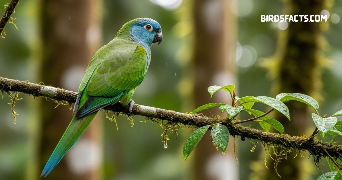 A Blue-crowned Parakeet with bright green feathers and a distinct blue head, perched on a branch in a tropical setting.