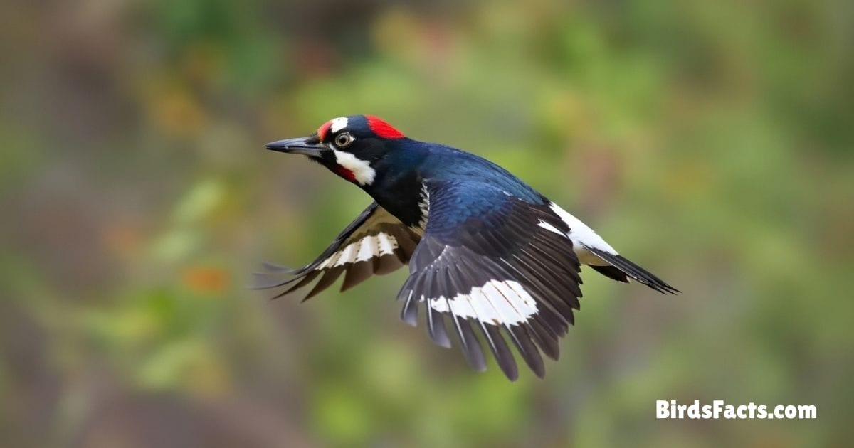 Acorn Woodpecker Perched On Tree Trunk Showing Black White Plumage And Red Crown