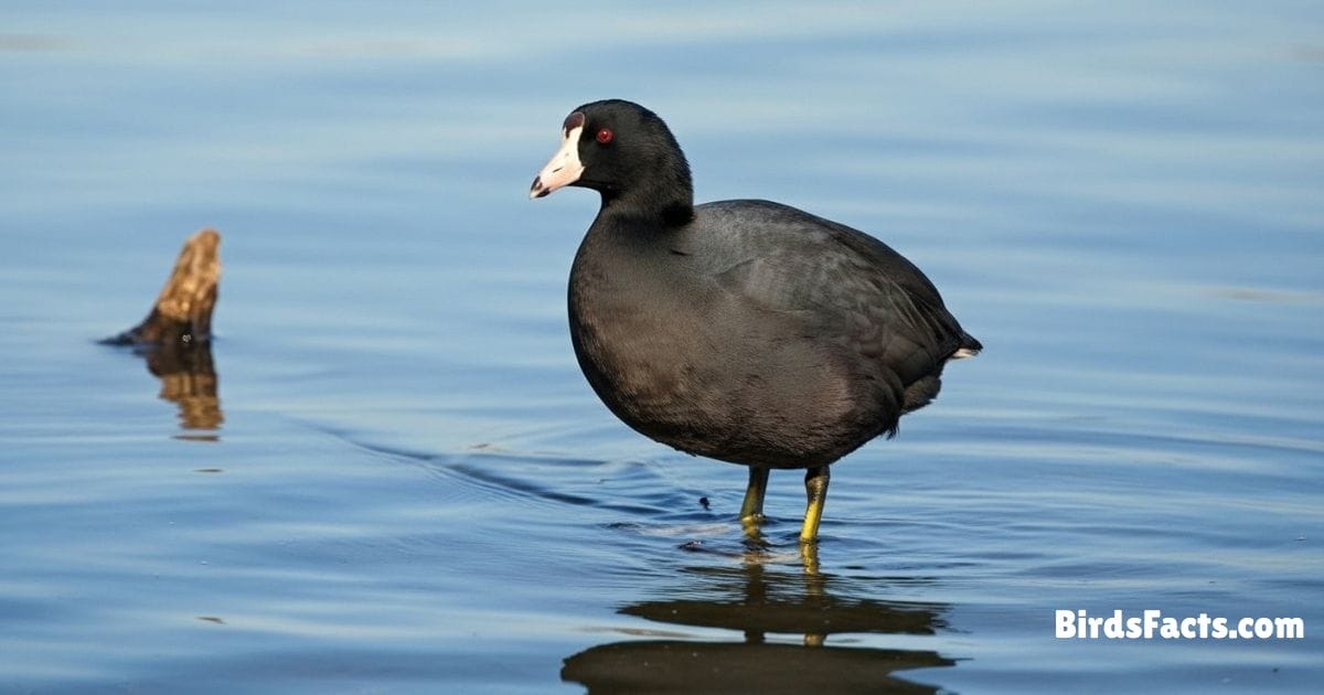American Coot Swimming In Water Showing Black Body White Beak And Red Eyes