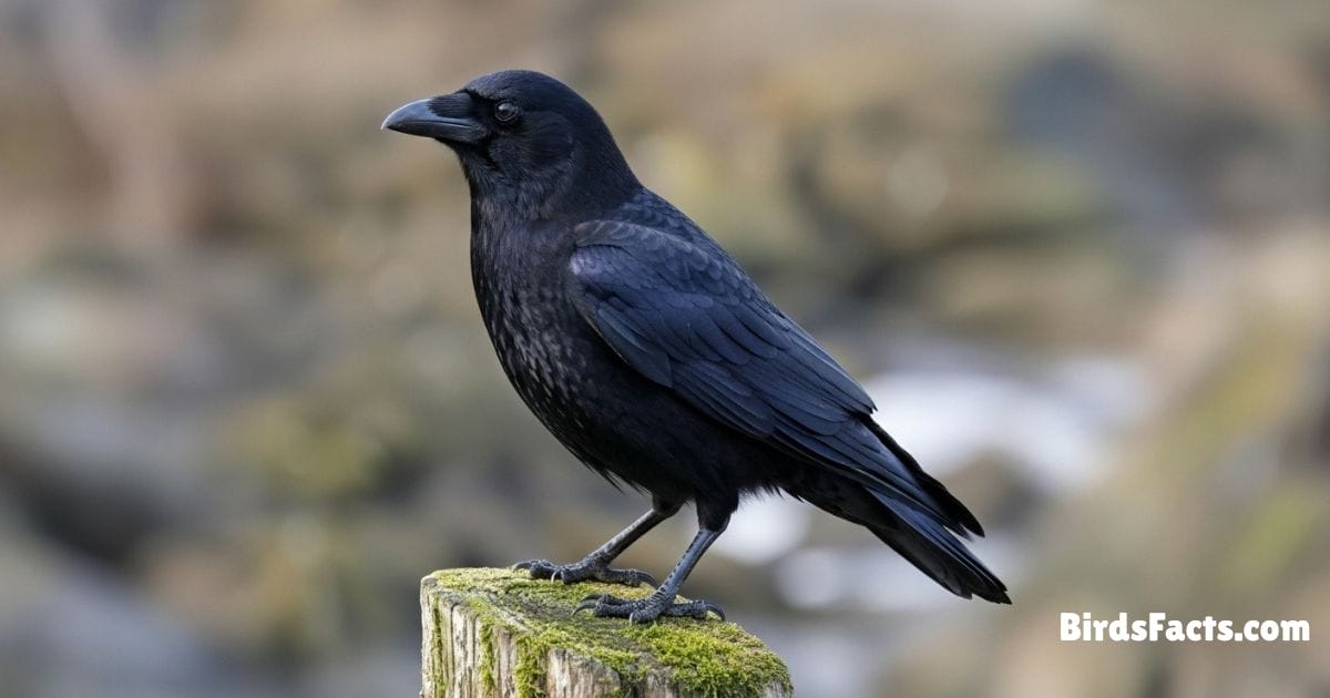 American Crow Perched On Branch Showing Shiny Black Plumage Strong Black Beak And Dark Eyes