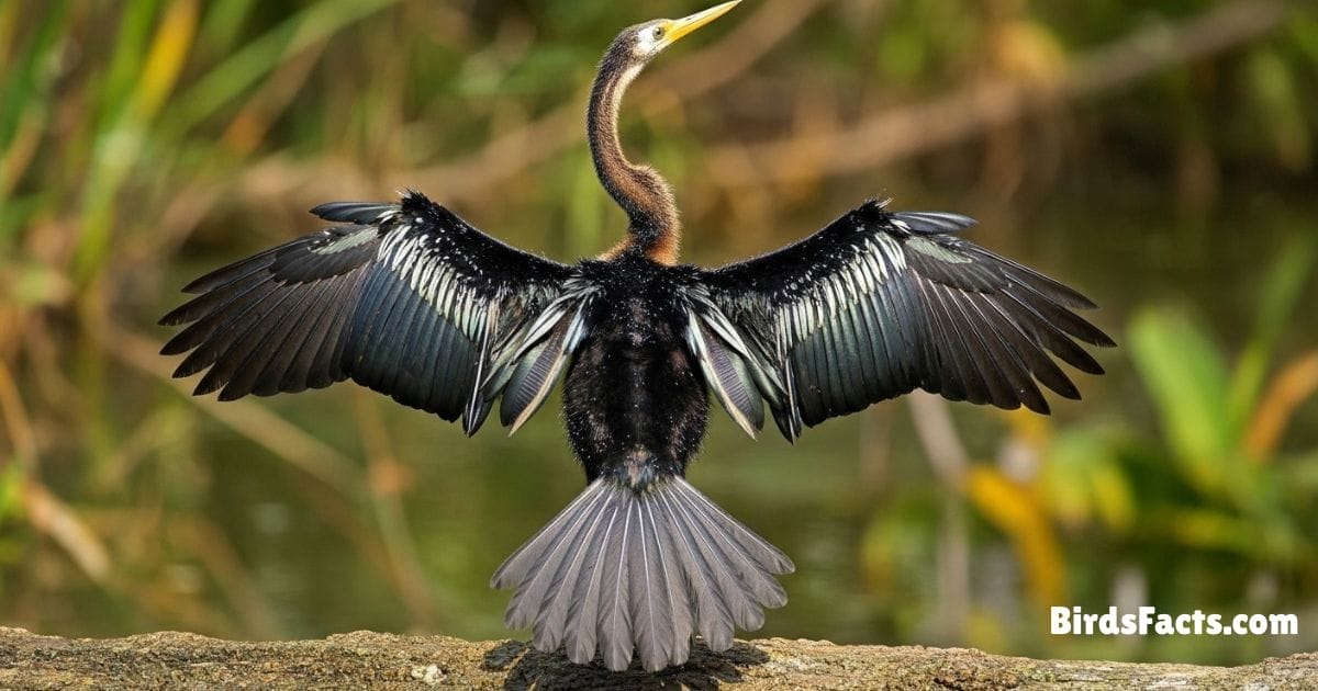 Anhinga Perched With Wings Spread Showing Long Neck Dark Body And Sharp Pointed Beak