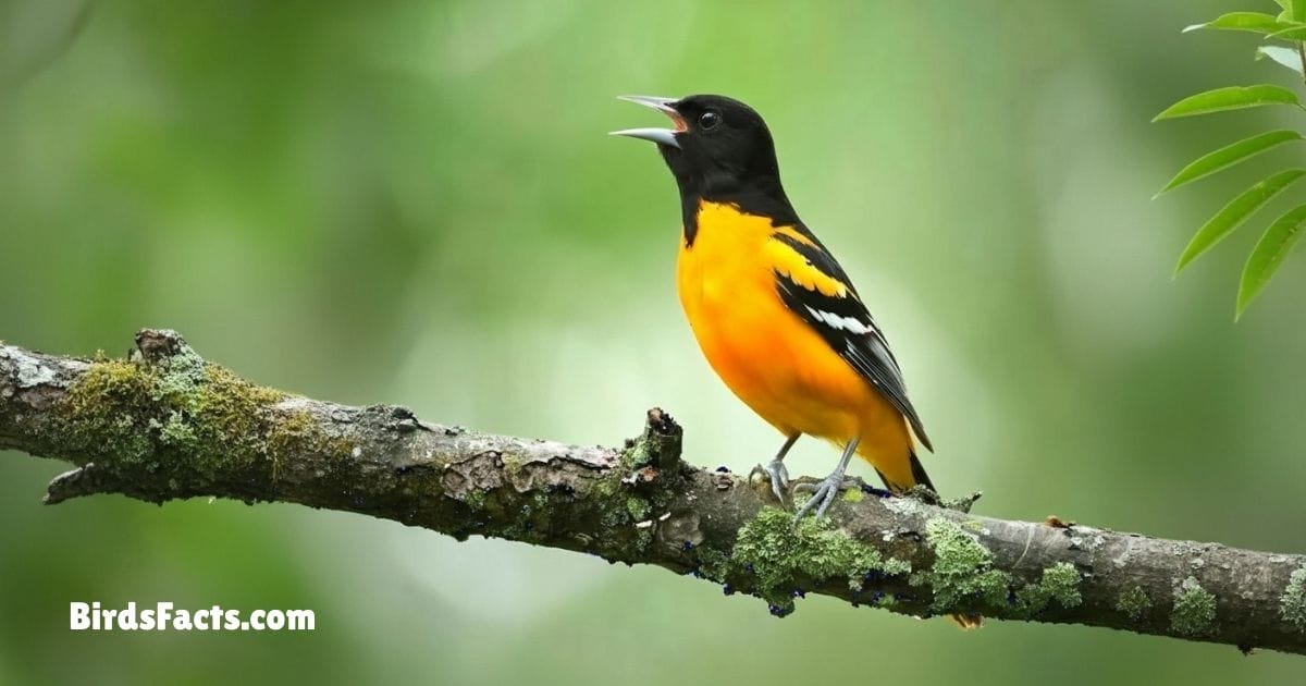 Baltimore Oriole Perched On Branch Showing Bright Orange Body Black Head And White Wing Bars