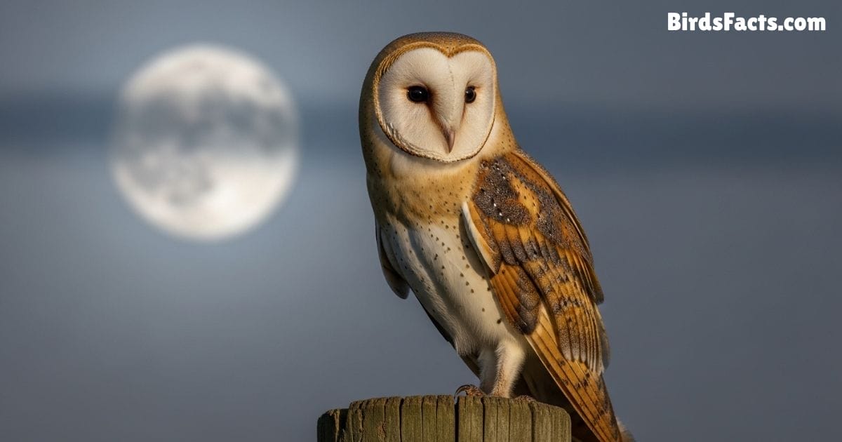 Barn Owl Perched On A Wooden Post Showing Heart Shaped White Face Golden Brown And White Feathers And Dark Eyes With A Soft Moonlit Background Barn Owl Perched On A Wooden Post Showing Heart Shaped White Face Golden Brown And White Feathers And Dark Eyes With A Soft Moonlit Background