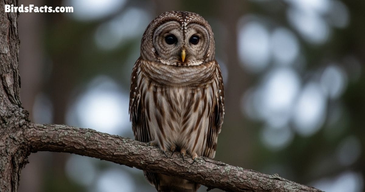 Barred Owl Perched On A Tree Branch Showing Brown And White Striped Feathers Round Face And Dark Eyes With A Forest Background At Dusk Barred Owl Perched On A Tree Branch Showing Brown And White Striped Feathers Round Face And Dark Eyes With A Forest Background At Dusk