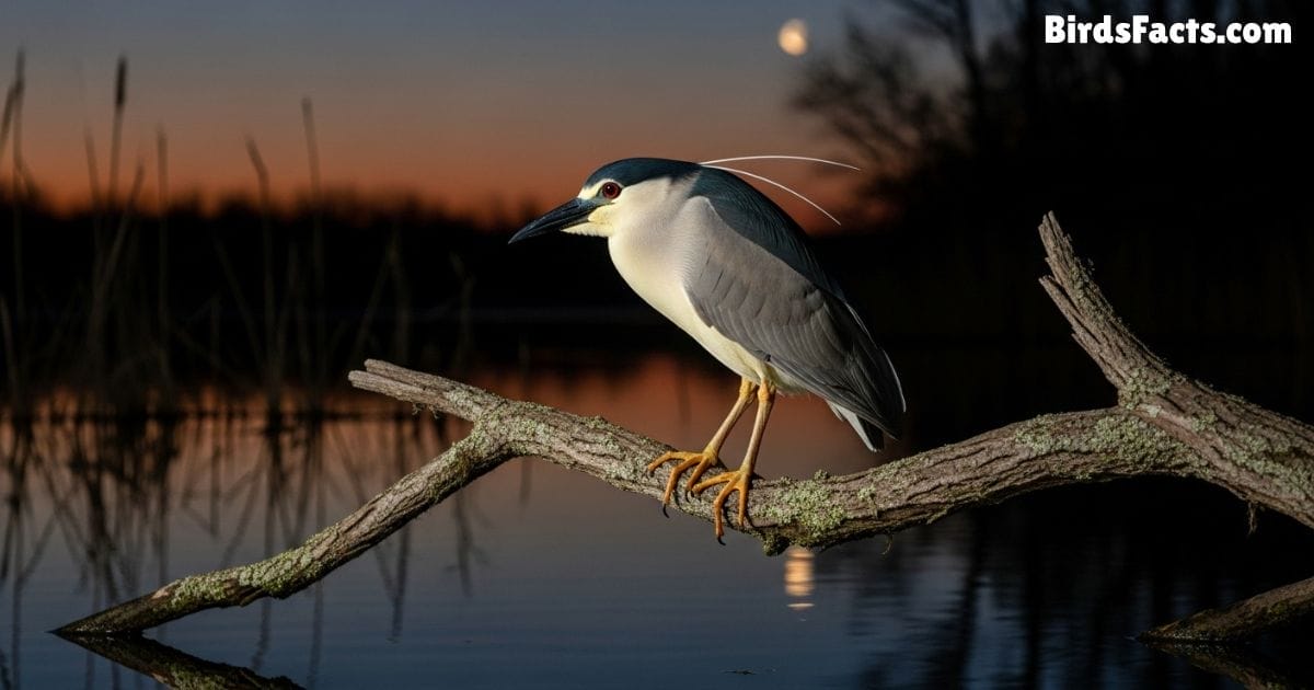Black Crowned Night Heron Standing Near Water Showing Gray And White Plumage Black Crown On Head And Red Eyes With Reflections In A Wetland Background Black Crowned Night Heron Standing Near Water Showing Gray And White Plumage Black Crown On Head And Red Eyes With Reflections In A Wetland Background