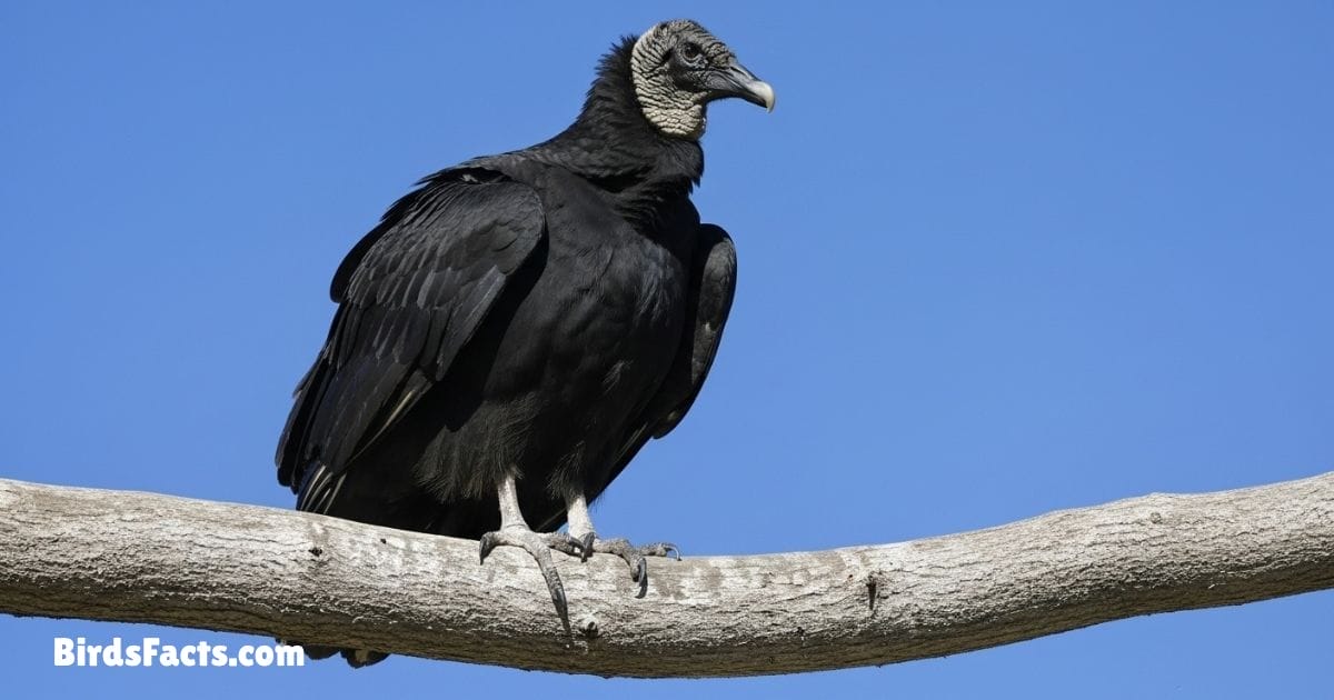 Black Vulture Standing On Ground Showing Dark Black Feathers Bare Black Head And Broad Wings
