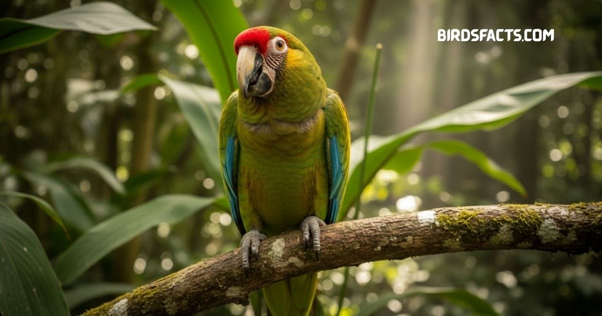 Blue-fronted Amazon parrot with bright green feathers and a vivid blue forehead sitting on a branch
