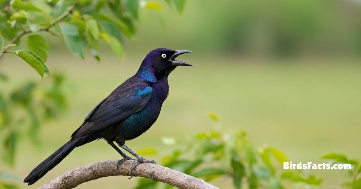 Boat Tailed Grackle Perched On Branch Showing Glossy Black Plumage Long Tail And Sharp Beak
