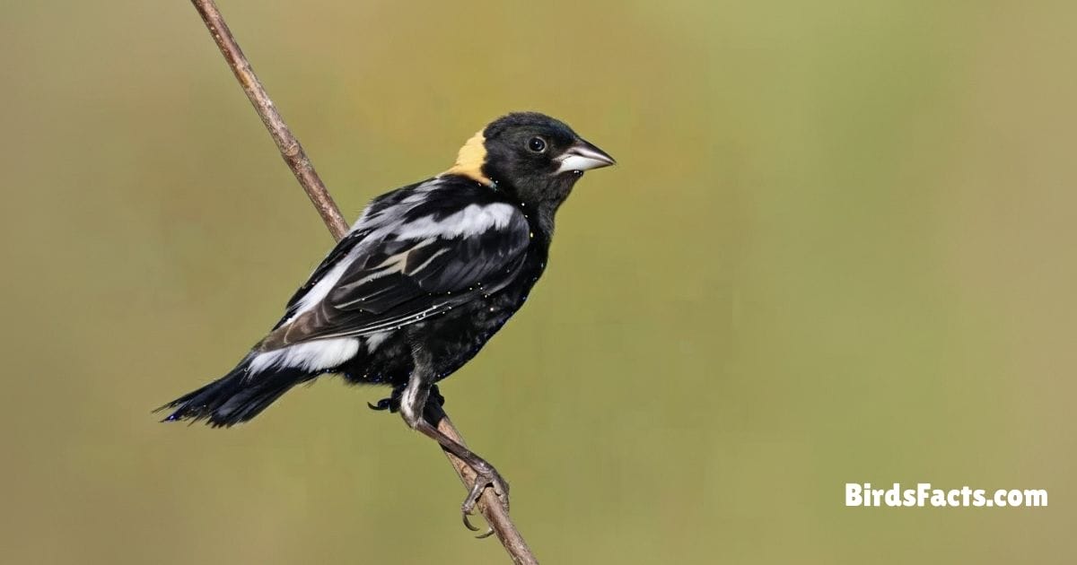 Bobolink Perched On Grass Stem Showing Black Body White Back And Yellow Cap