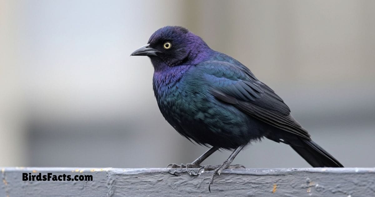Brewers Blackbird Perched On Branch Showing Shiny Black Plumage Bright Yellow Eyes And Sharp Black Beak
