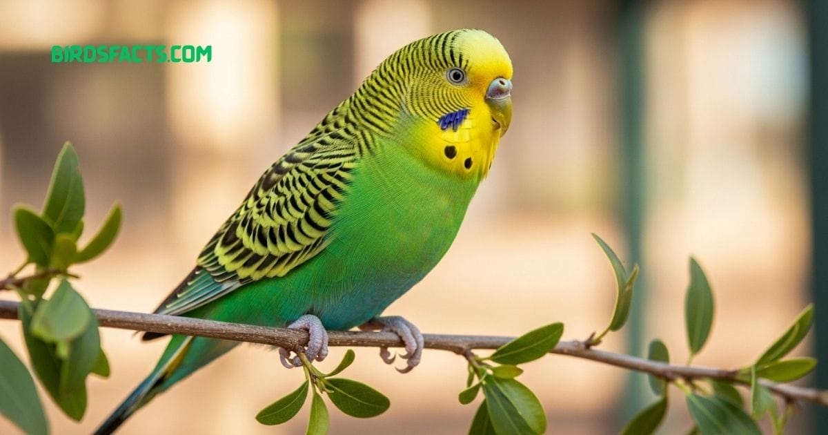 Budgerigar parakeet with bright green and yellow feathers perched on a wooden stick