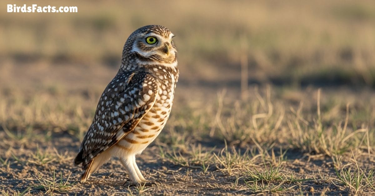 Burrowing Owl Standing On The Ground Showing Brown And White Spotted Feathers Yellow Eyes And Upright Posture With A Dry Grassland Background Burrowing Owl Standing On The Ground Showing Brown And White Spotted Feathers Yellow Eyes And Upright Posture With A Dry Grassland Background