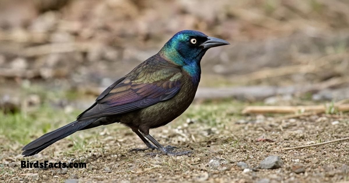 Common Grackle Perched On Branch Showing Glossy Black Body Long Tail And Yellow Eyes