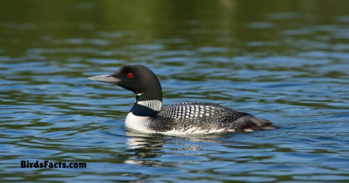 Common Loon Swimming In Water Showing Black White Spotted Back Red Eyes And Long Beak