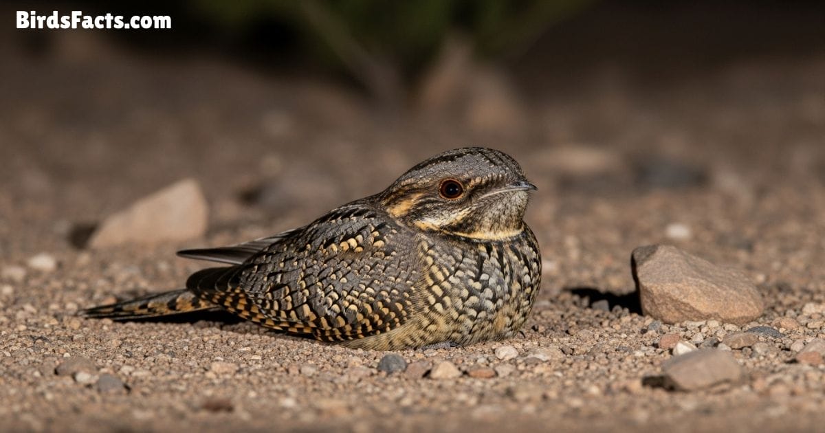 Common Poorwill Resting On The Ground Showing Mottled Brown And Gray Feathers Short Tail And Round Body With A Rocky Desert Background At Night Common Poorwill Resting On The Ground Showing Mottled Brown And Gray Feathers Short Tail And Round Body With A Rocky Desert Background At Night