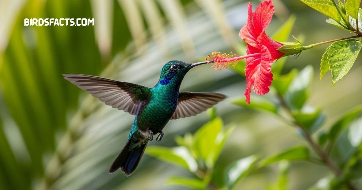 Cuban Emerald hummingbird with shimmering green plumage hovering near a flower