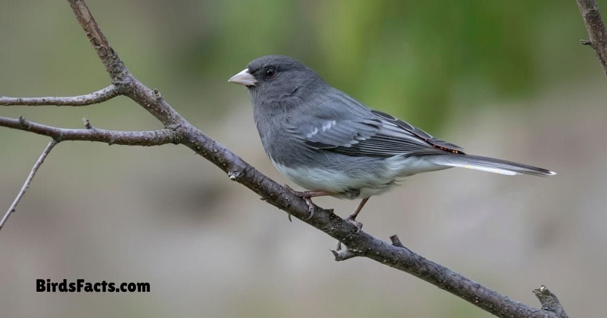 Dark Eyed Junco Perched On Ground Showing Gray Body White Belly And Small Pink Beak