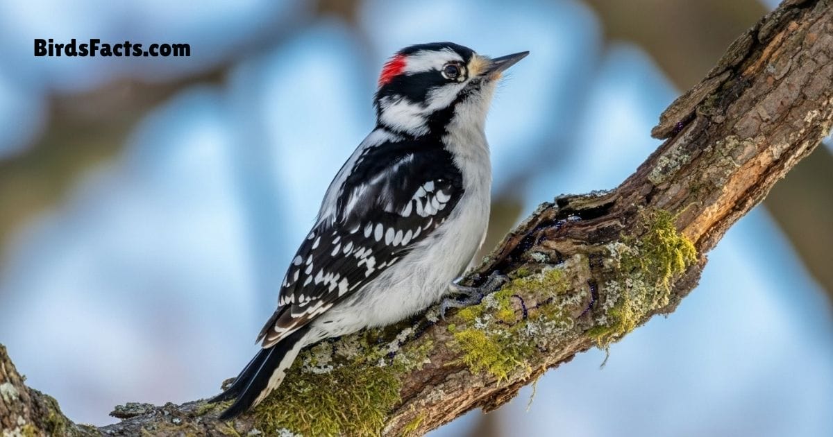 Downy Woodpecker Clinging To Tree Trunk Showing Black White Plumage And Small Red Patch