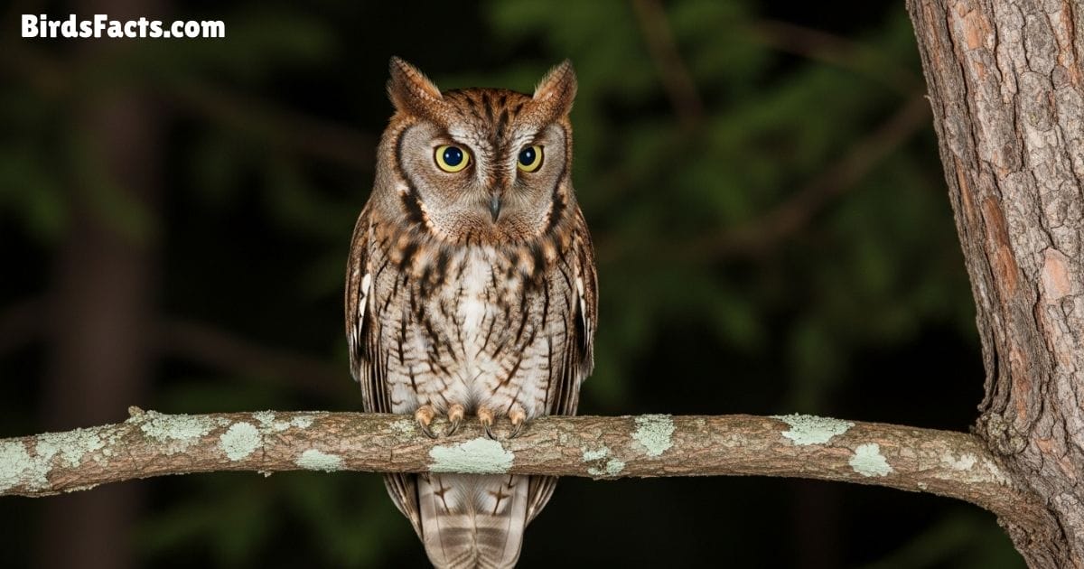 Eastern Screech Owl Perched On A Tree Branch Showing Gray And Reddish Feathers Small Ear Tufts And Yellow Eyes With A Forest Background At Night Eastern Screech Owl Perched On A Tree Branch Showing Gray And Reddish Feathers Small Ear Tufts And Yellow Eyes With A Forest Background At Night