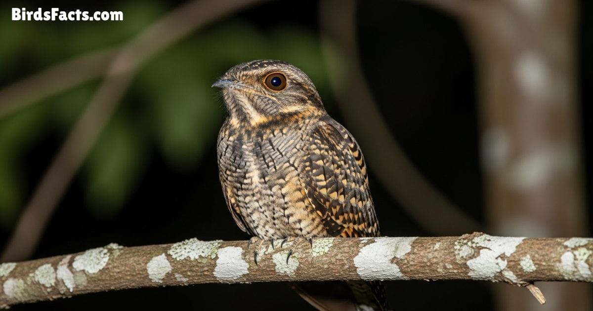 Eastern Whip Poor Will Resting On A Tree Branch Showing Brown And Gray Mottled Feathers Short Beak And Large Dark Eyes With A Forest Background At Night Eastern Whip Poor Will Resting On A Tree Branch Showing Brown And Gray Mottled Feathers Short Beak And Large Dark Eyes With A Forest Background At Night