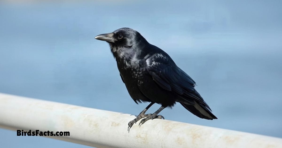 Fish Crow Perched On Branch Showing Shiny Black Plumage Small Black Beak And Dark Eyes
