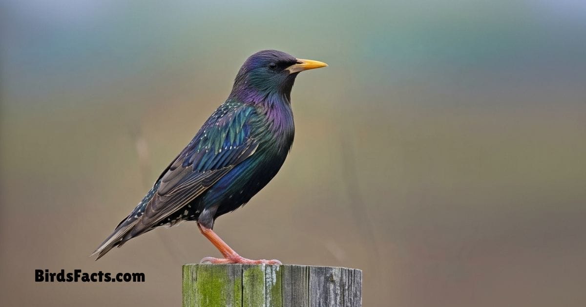 European Starling Perched On Branch Showing Iridescent Black Plumage Speckled White Spots And Yellow Beak