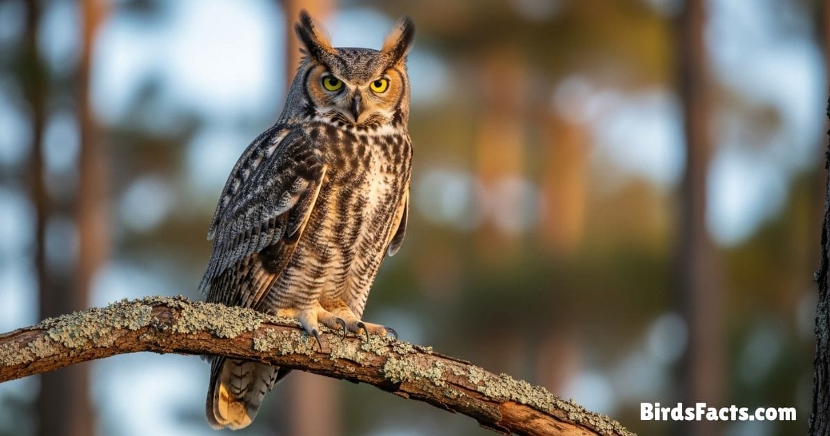 Great Horned Owl Perched On A Tree Branch Showing Brown And White Feathers Prominent Ear Tufts And Bright Yellow Eyes With A Moonlit Forest Background Great Horned Owl Perched On A Tree Branch Showing Brown And White Feathers Prominent Ear Tufts And Bright Yellow Eyes With A Moonlit Forest Background