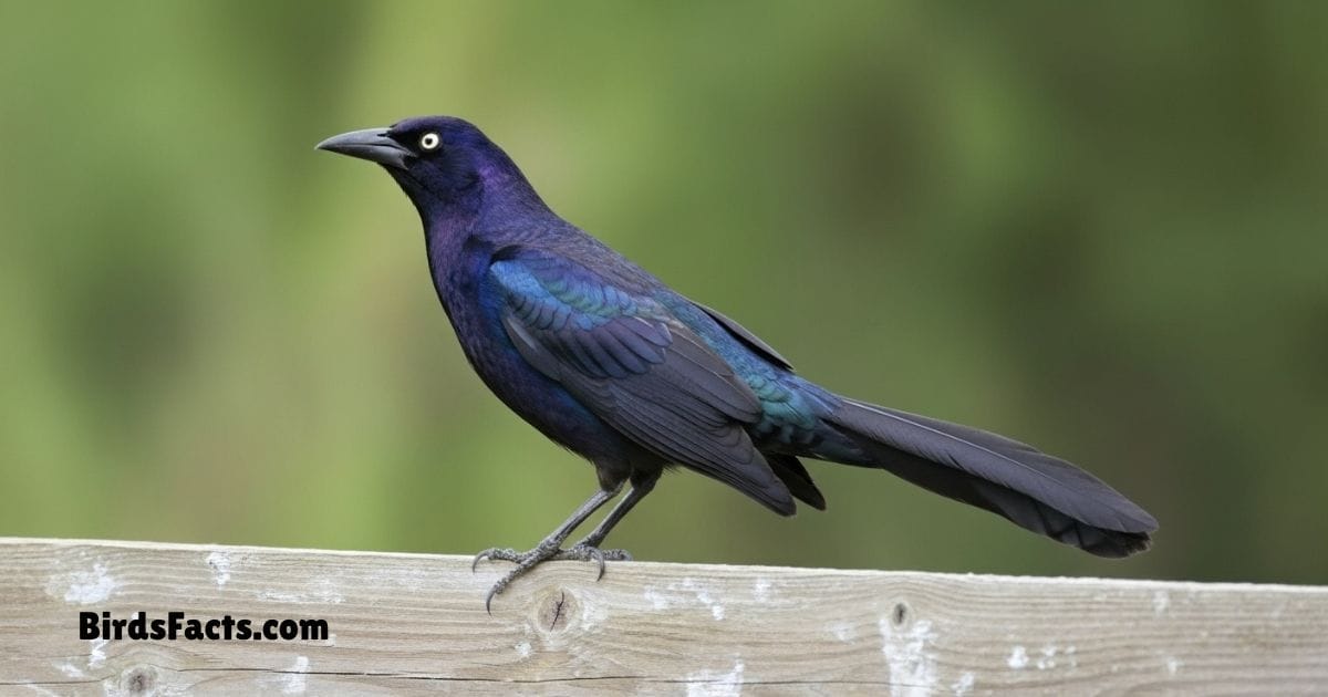 Great Tailed Grackle Perched On Branch Showing Glossy Black Plumage Long Tail And Yellow Eyes