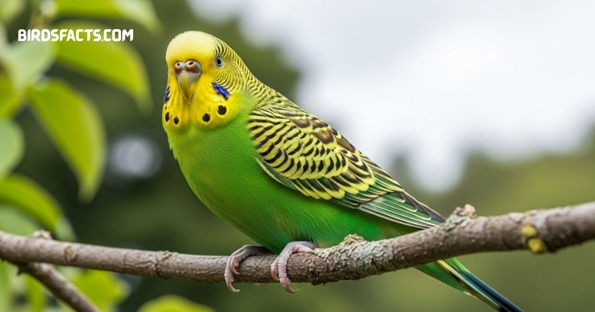Green Budgerigar parakeet with bright green body and yellow face perched on a wooden branch