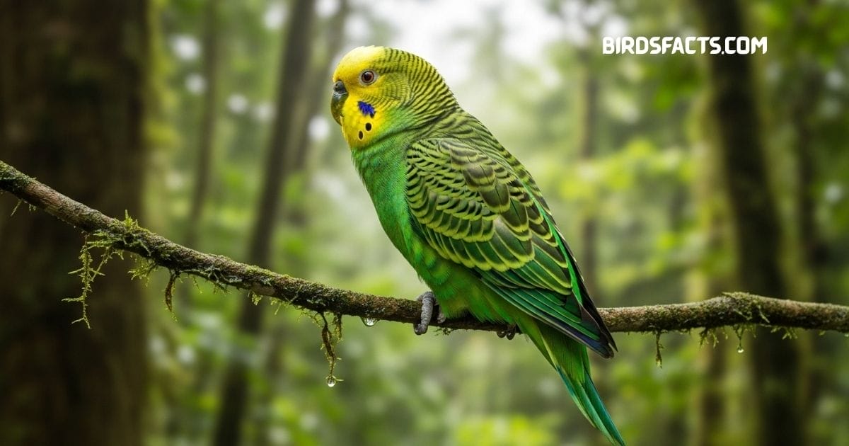 Green Parakeet with bright green plumage perched on a tree branch