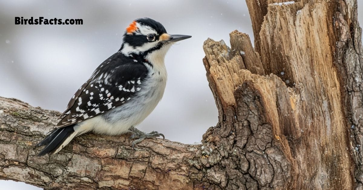 Hairy Woodpecker Perched On Tree Trunk Showing Black White Plumage And Long Beak