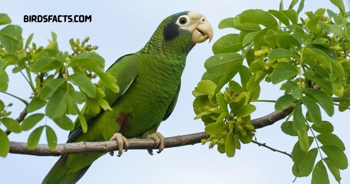 Hispaniolan Amazon parrot with bright green plumage and blue-tinted wings perched on a branch