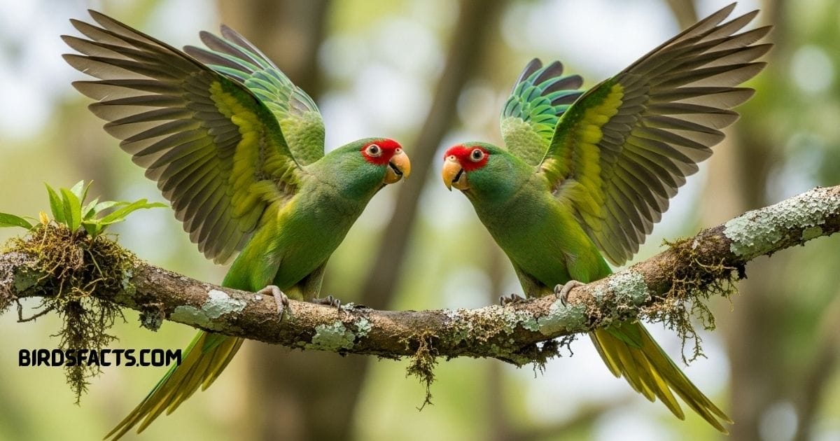 Mitred Parakeet with bright green body and red markings around the face perched on a branch