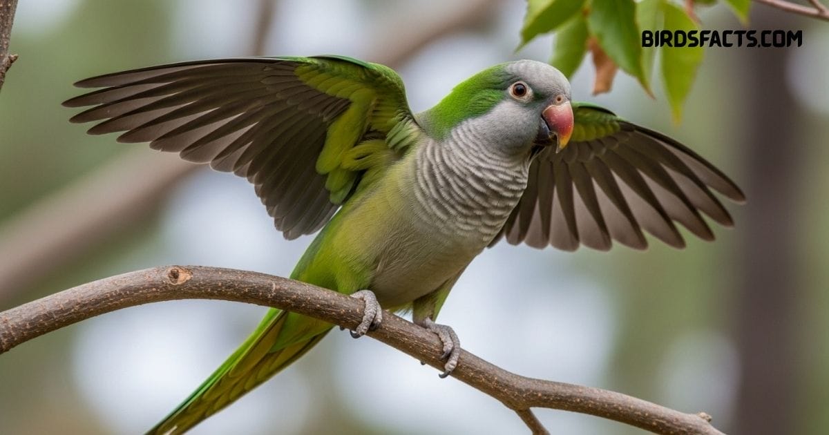 Monk Parakeet with green wings and pale gray chest perched on a branch