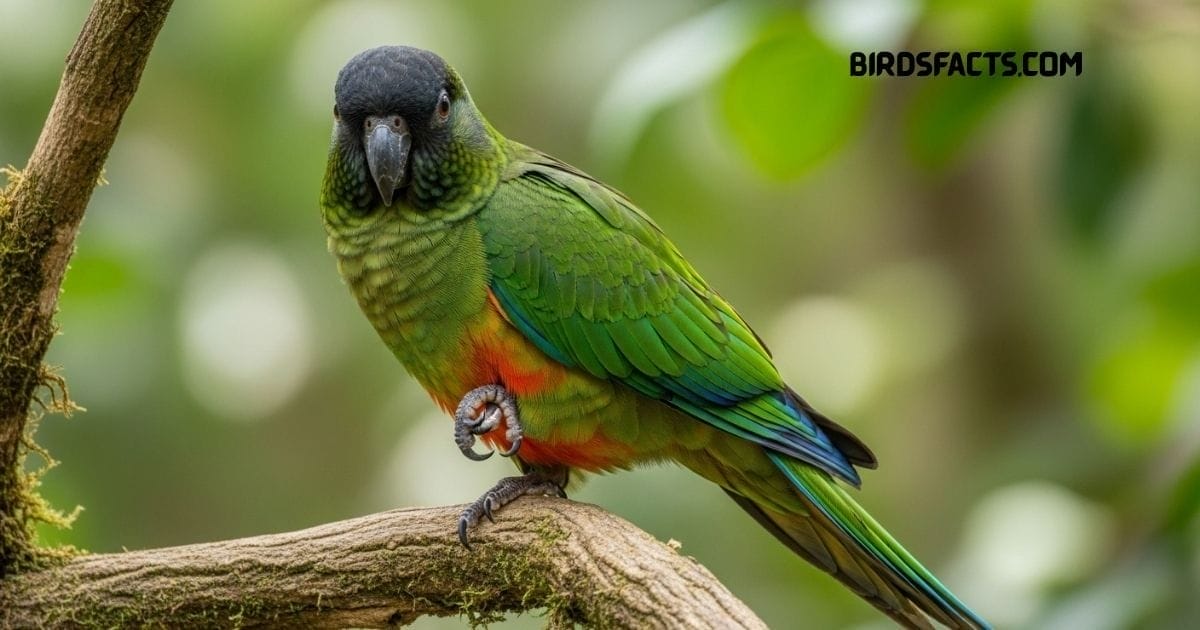 Nanday Parakeet with bright green body and distinctive black head perched on a branch