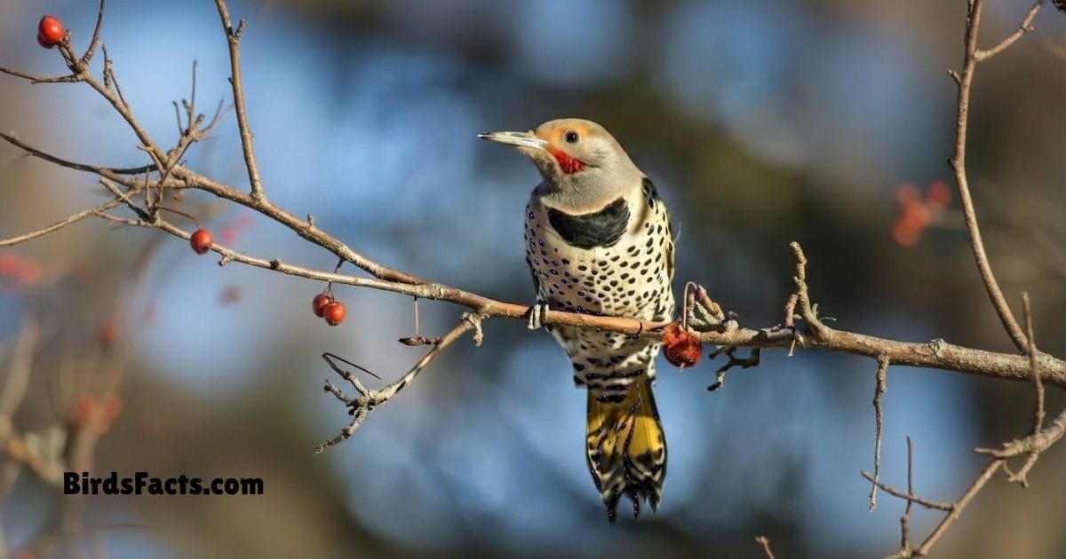 Northern Flicker Perched On Tree Trunk Showing Brown Spotted Body And Red Nape Patch