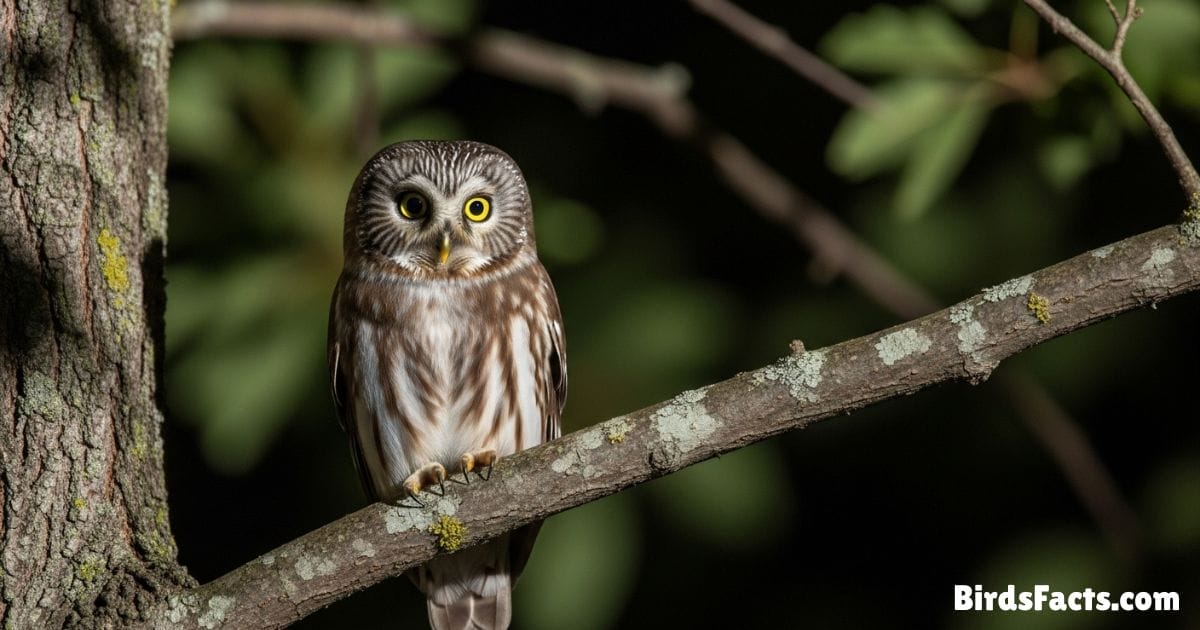 Northern Saw Whet Owl Perched On A Tree Branch Showing Brown And White Feathers Round Head And Bright Yellow Eyes With A Forest Background At Night Northern Saw Whet Owl Perched On A Tree Branch Showing Brown And White Feathers Round Head And Bright Yellow Eyes With A Forest Background At Night